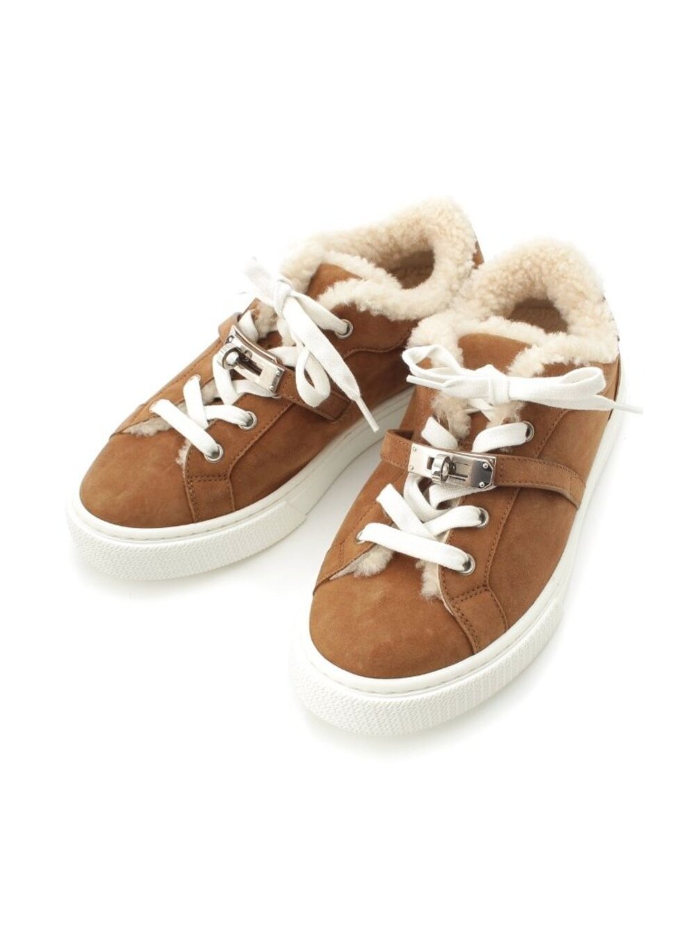 Hermes Day Suede Shearling Kelly Lace-up Sneakers Blanc Fume Ecru